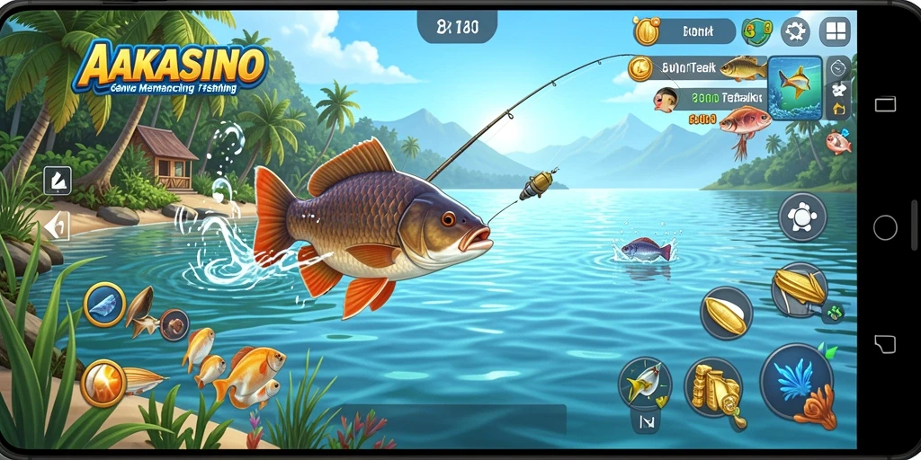 Screenshot AAKASINO menunjukkan pemain menangkap ikan di danau yang indah.