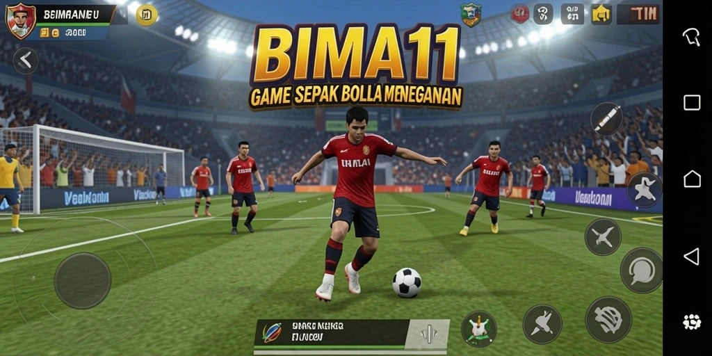 Screenshot gameplay BIMA11 menunjukkan pertandingan sepak bola yang intens.