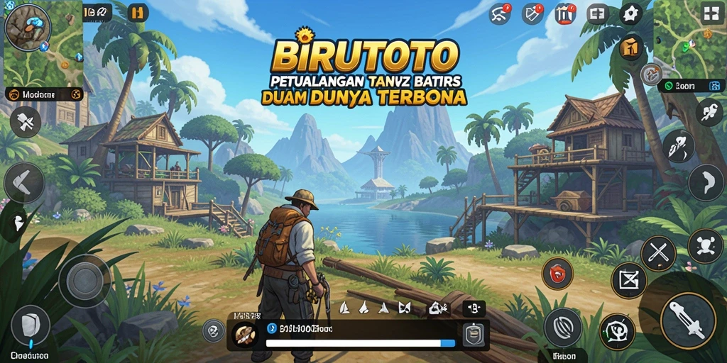 Tangkapan layar dari gameplay BIRUTOTO yang menampilkan dunia terbuka yang luas.