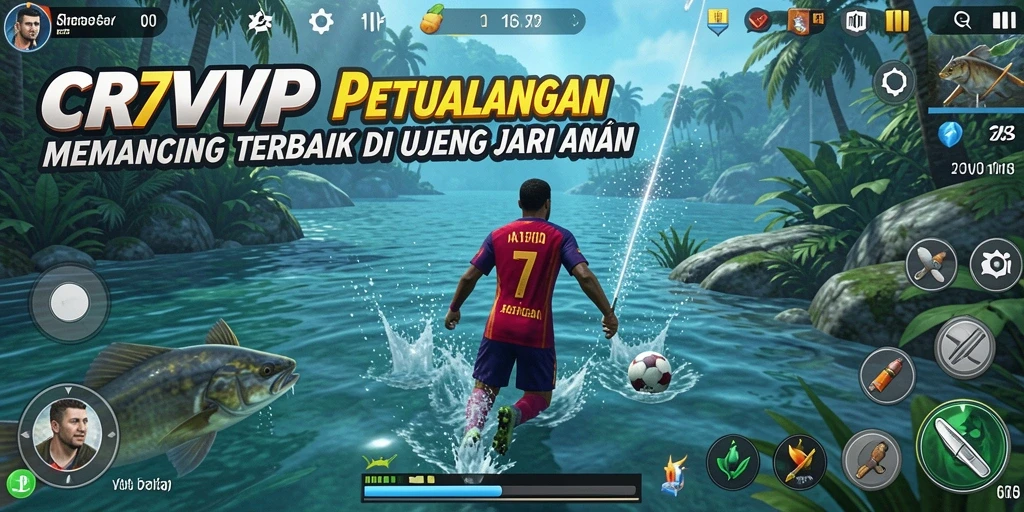 Tampilan layar utama CR7VIP menampilkan aksi seru memancing di lingkungan yang indah.